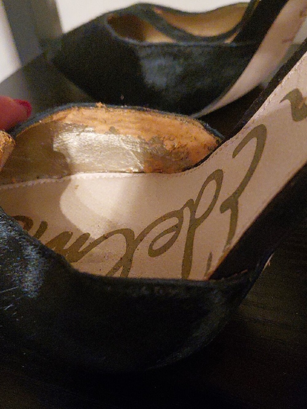 Sam Edelman Black Pointed T-Strap Stiletto Heels with Gold Heel - Picture 7 of 8
